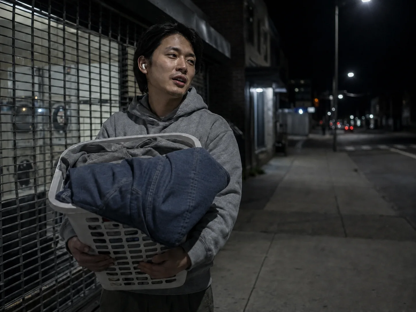 Late at night, a man carries a laundry basket with both hands outside a shuttered shop and speaks through one earbud.
