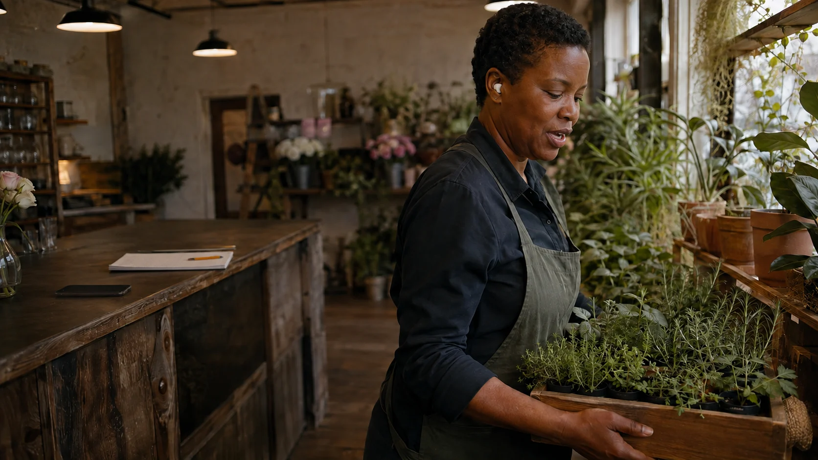 A shopkeeper restocks plants with both hands after closing, speaking through one earbud while her phone remains face-down on the counter behind her.